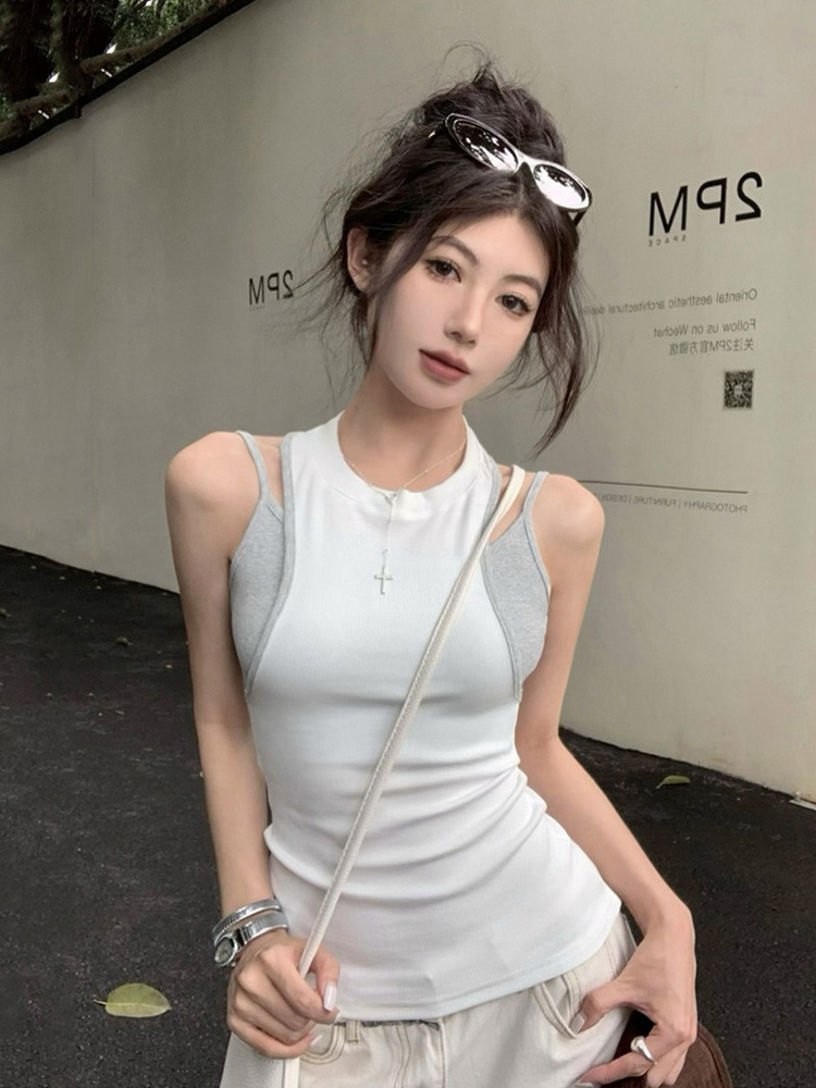 Y2K Kpop Fake Two-Piece Short Vest for Women, Slim Fit Jazz Dance Top, Spicy Girl Dance Outfit