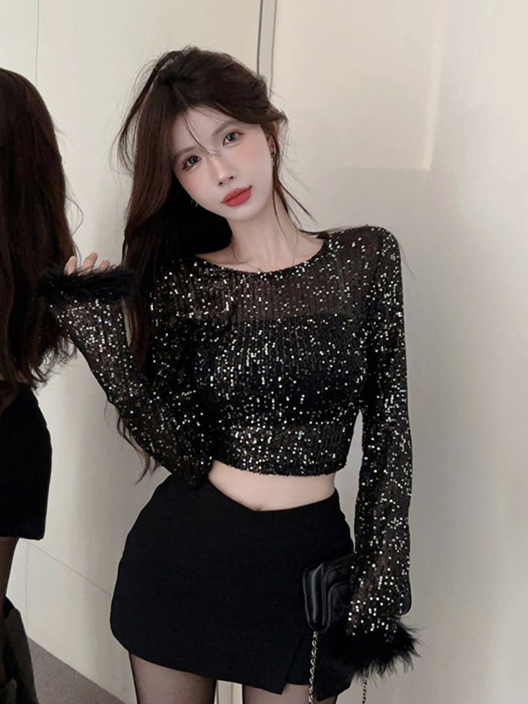 Y2K Sequin Top for Girls - Sweet & Spicy Performance Shirt for Jazz Dance & K-Pop Group Outfits