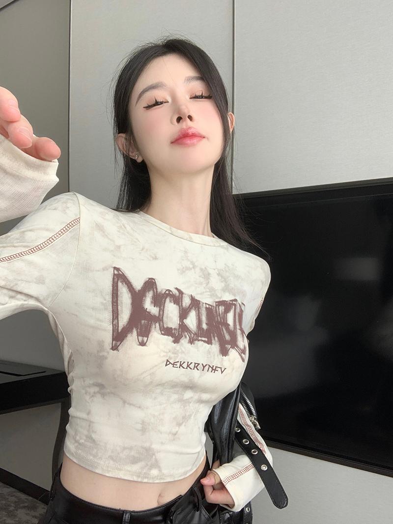 Y2K Slim Fit Printed Long Sleeve T-Shirt for Women, Jazz Dance Outfit, Group Style, Stretchy Short Top