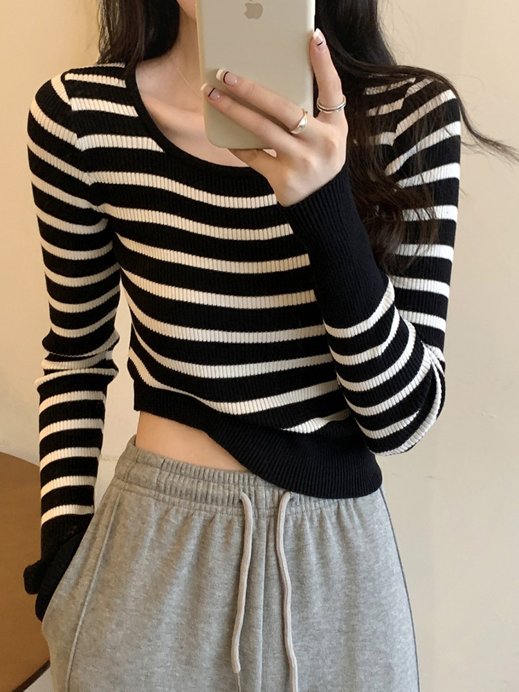 Y2K Striped Crop Top Women's Jazz Dance Outfit - Trendy K-Pop Style Knitwear for Hot Girl Looks