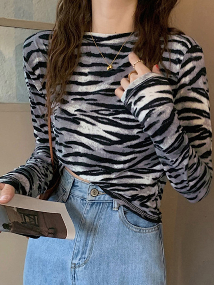 Y2K Striped Long Sleeve T-Shirt for Women, Short Style, K-Pop Inspired, Jazz Dance Top, Wasteland Fashion
