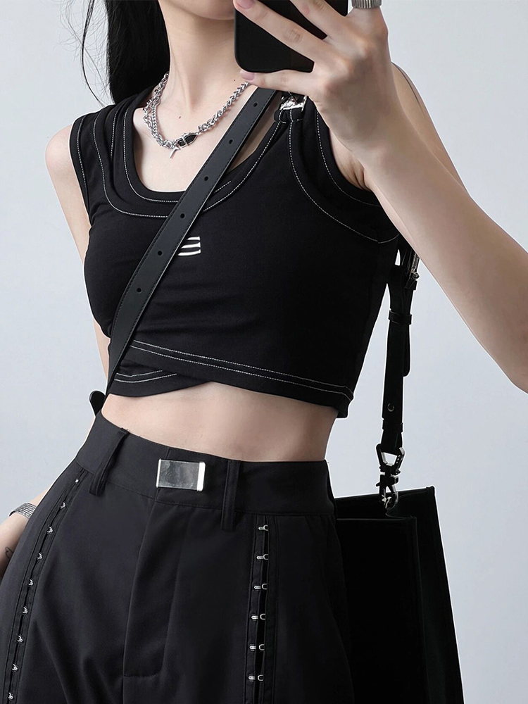 Y2K Style Sweet and Spicy Wasteland Wind Top - Girls' Fake Two-Piece Vest for Jazz Dance and K-Pop Outfits