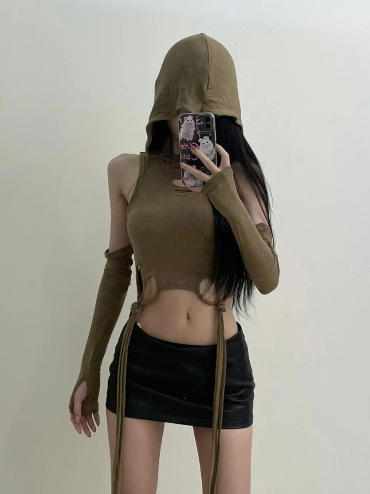 Y2K Wasteland Style Abby Jazz Dance Top for Women - Hooded Sleeve Music Festival K-Pop Outfit