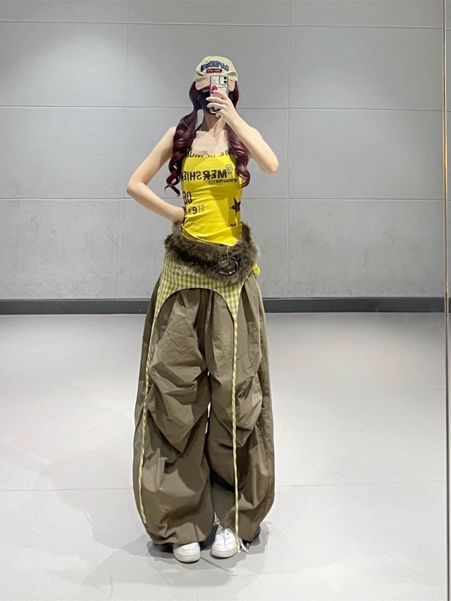 Yellow Camisole for Women with Coffee Brown Layered Tie-Up Cargo Pants - Quick-Dry Thin Casual Sports Outfit