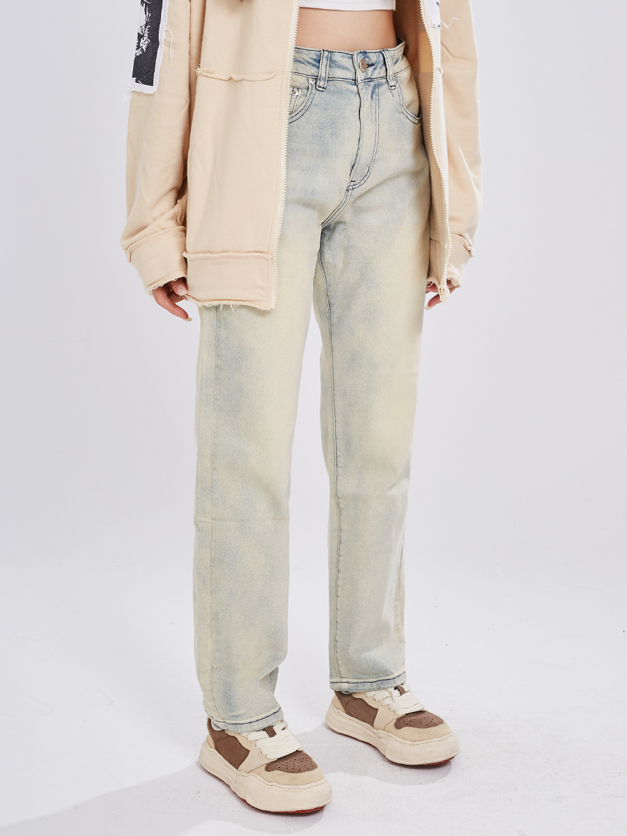 Yellow Mud Dyed Denim Pants for Women - Vintage High Street Style with Slight Stretch, American 90s Inspired Fashion