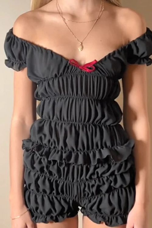 2000s Retro 2 Piece Set Cottage Lounge Vintage Ruched Off Shoulder T-shirt Crop Tops + Shorts Kawaii Pajamas Women Y2K Outfits