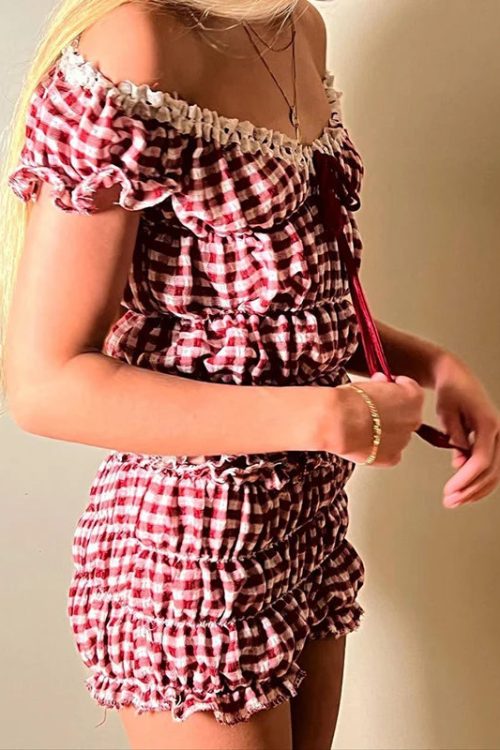 2000s Retro 2 Piece Set Cottage Lounge Vintage Ruched Off Shoulder T-shirt Crop Tops + Shorts Kawaii Pajamas Women Y2K Outfits