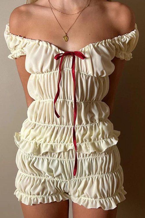 2000s Retro 2 Piece Set Cottage Lounge Vintage Ruched Off Shoulder T-shirt Crop Tops + Shorts Kawaii Pajamas Women Y2K Outfits