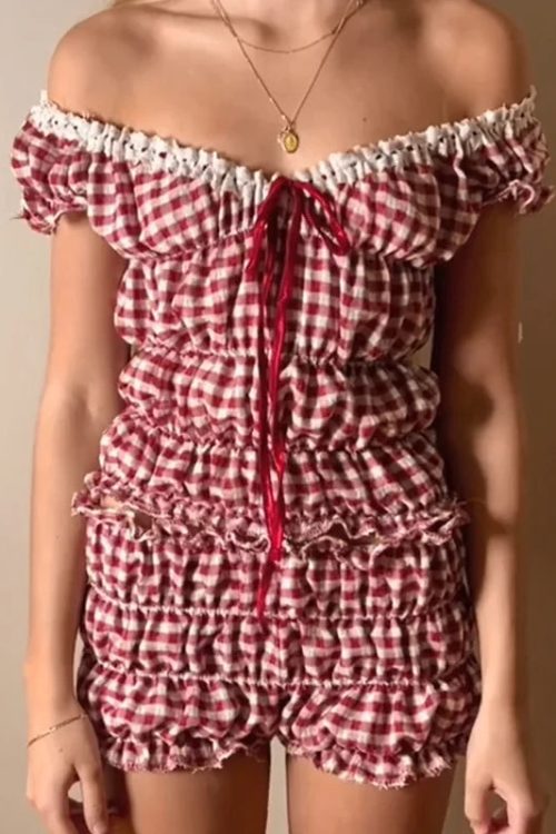 2000s Retro 2 Piece Set Cottage Lounge Vintage Ruched Off Shoulder T-shirt Crop Tops + Shorts Kawaii Pajamas Women Y2K Outfits