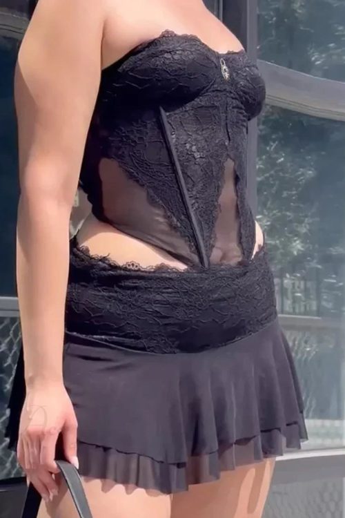 90s Lace Mesh Strapless Corset Pleated Mini Skirt Two Pieces Set