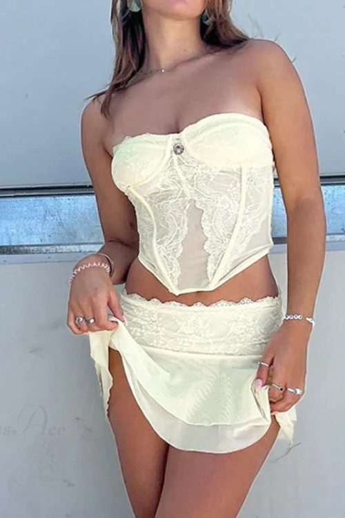 90s Lace Mesh Strapless Corset Pleated Mini Skirt Two Pieces Set