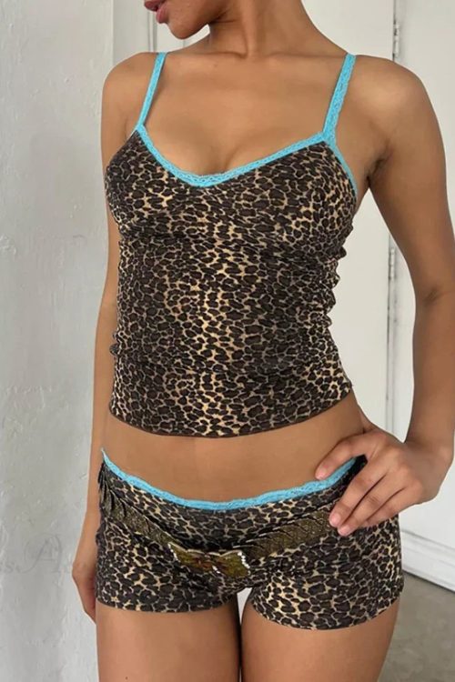 90s Rave Leopard Print 2 Piece Set Lace Trim Spaghetti Strap Camis + Shorts Y2K Vintage Crop Tops Sexy Club Party Matching Suit