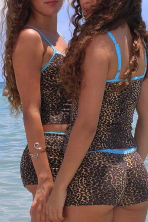 90s Rave Leopard Print 2 Piece Set Lace Trim Spaghetti Strap Camis + Shorts Y2K Vintage Crop Tops Sexy Club Party Matching Suit