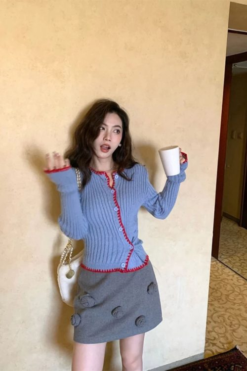 Asymmetric Contrast Trim Knit Cardigan