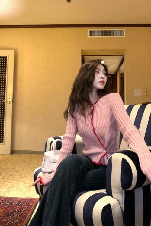 Asymmetric Contrast Trim Knit Cardigan