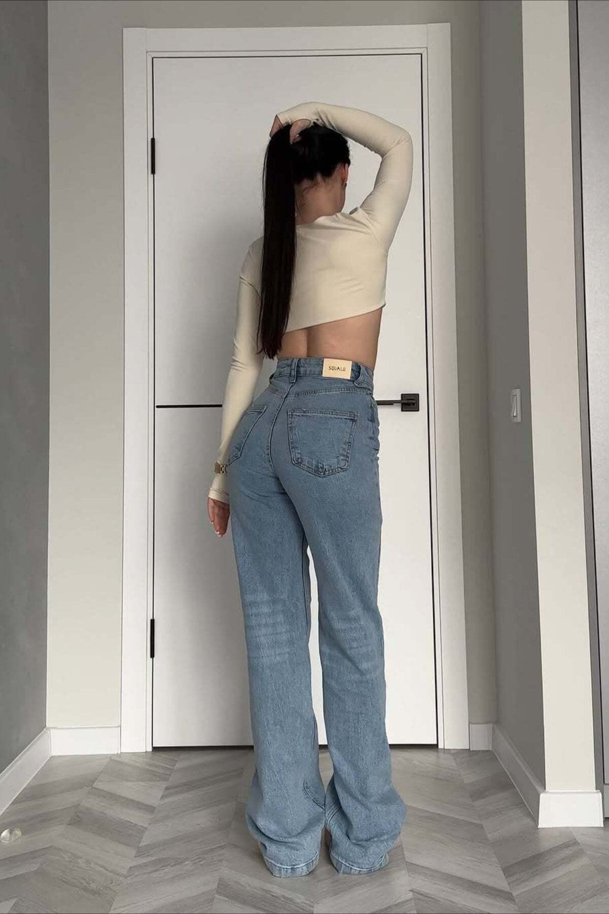 Asymmetric Elastic Waist Split Hem Denim Jeans Asymmetric Elastic Waist Split Hem Denim Jeans