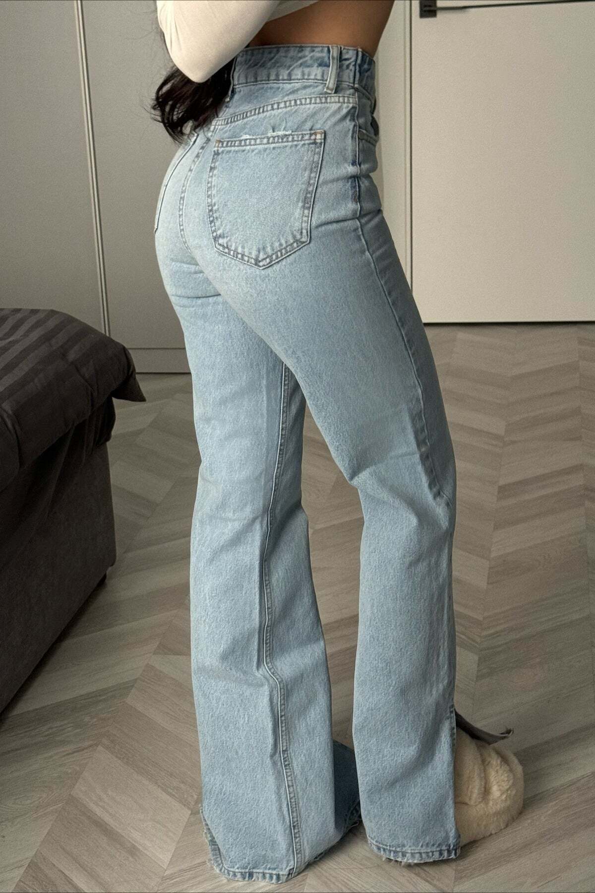 Asymmetric Elastic Waist Split Hem Denim Jeans Asymmetric Elastic Waist Split Hem Denim Jeans