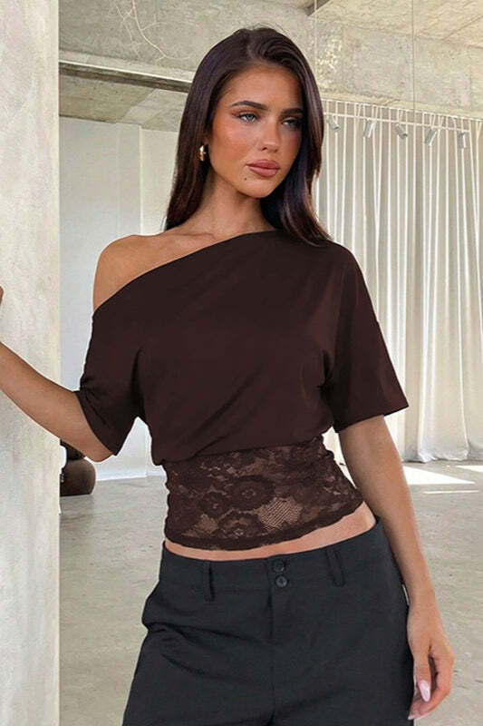 Asymmetric Off Shoulder Lace Waist Slim Crop T-shirt