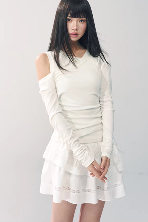 Asymmetrical Sheer Top / Flared Mini Skirt