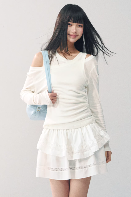 Asymmetrical Sheer Top / Flared Mini Skirt