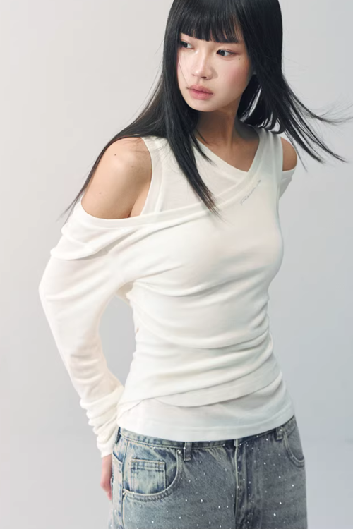 Asymmetrical Sheer Top / Flared Mini Skirt