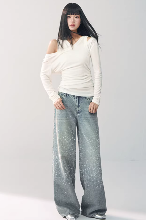 Asymmetrical Sheer Top / Flared Mini Skirt