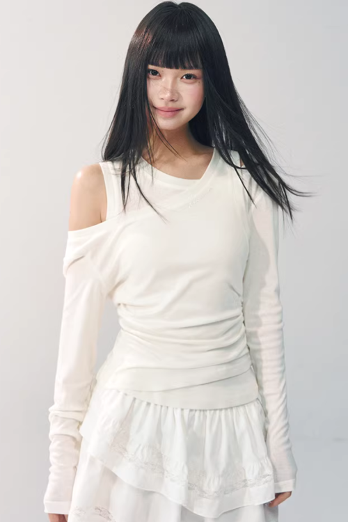 Asymmetrical Sheer Top / Flared Mini Skirt