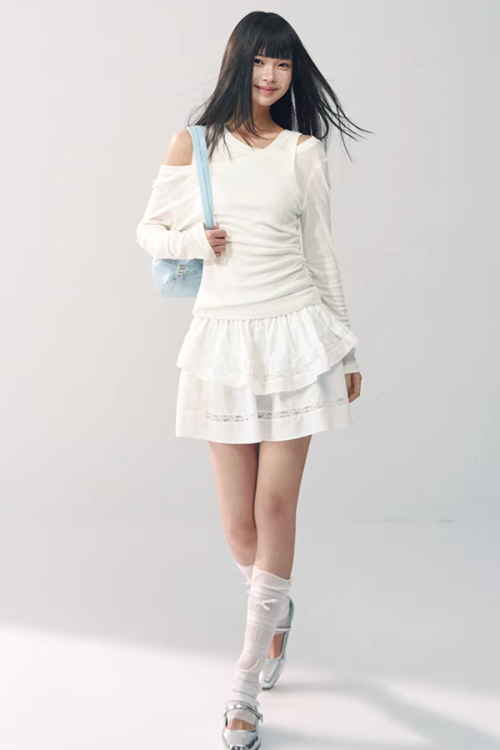 Asymmetrical Sheer Top / Flared Mini Skirt