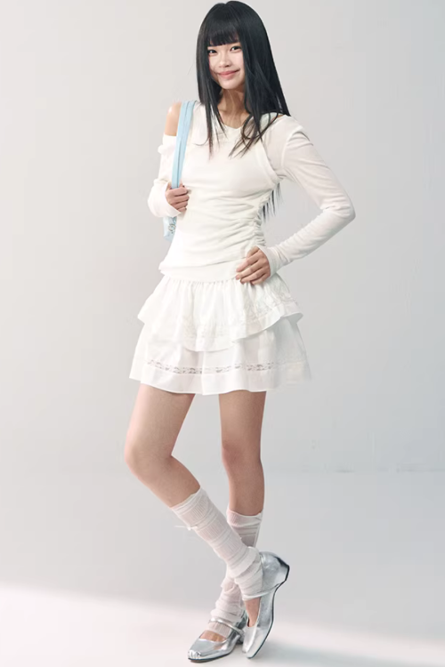 Asymmetrical Sheer Top / Flared Mini Skirt