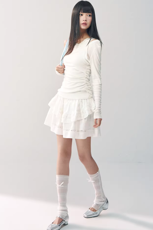 Asymmetrical Sheer Top / Flared Mini Skirt