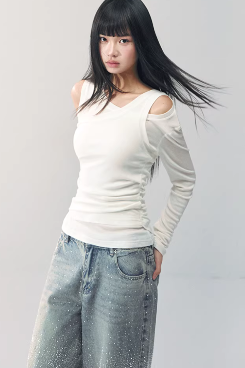 Asymmetrical Sheer Top / Flared Mini Skirt