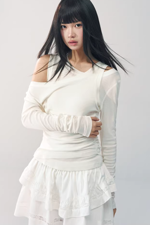 Asymmetrical Sheer Top / Flared Mini Skirt