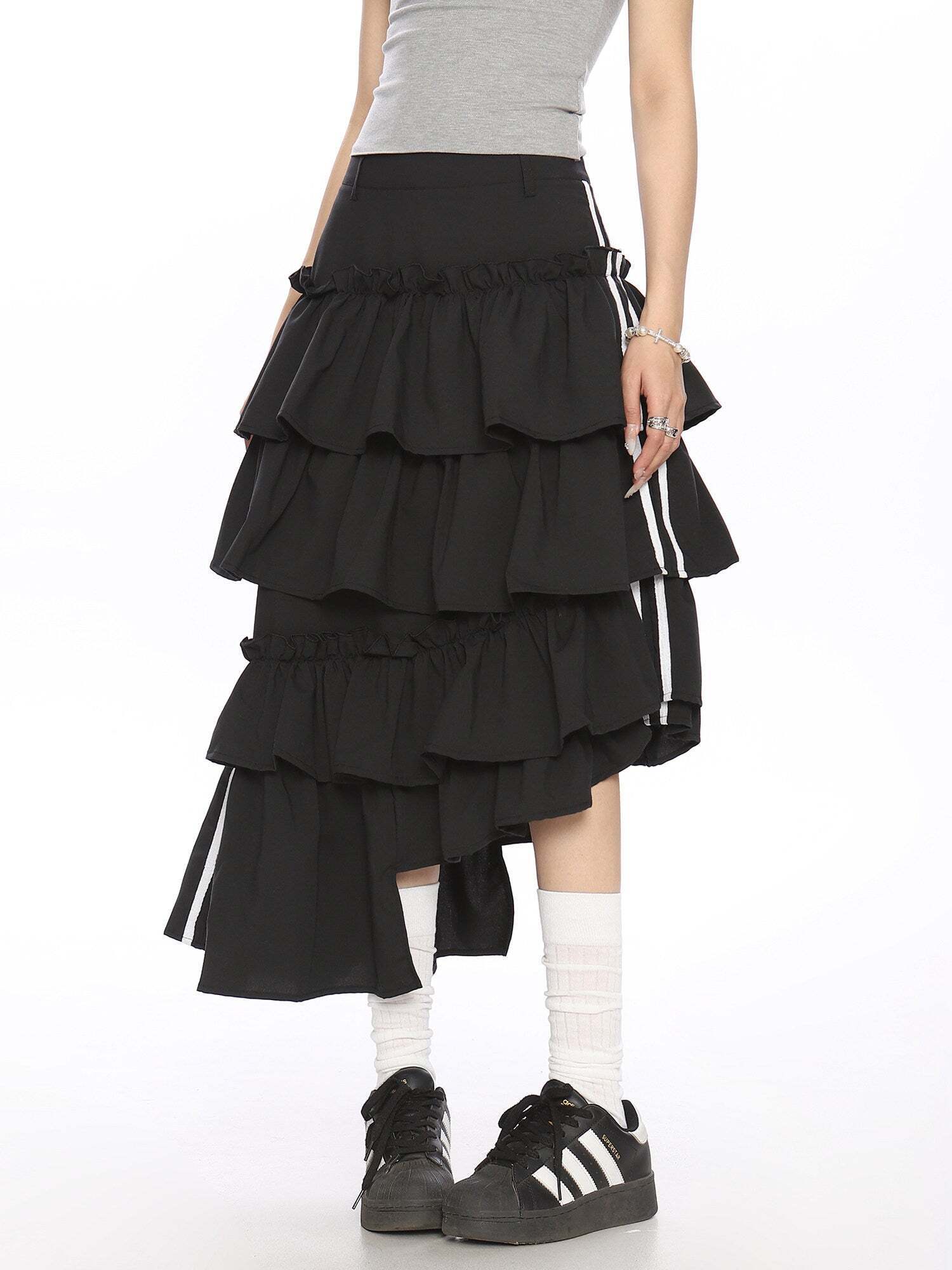 Asymmetry Side Line Tiered Long Skirt Asymmetry Side Line Tiered Long Skirt