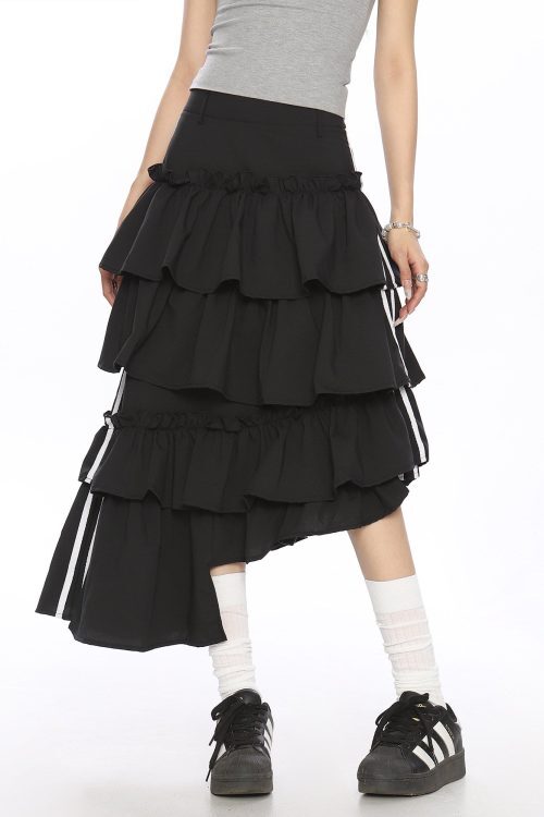 Asymmetry Side Line Tiered Long Skirt