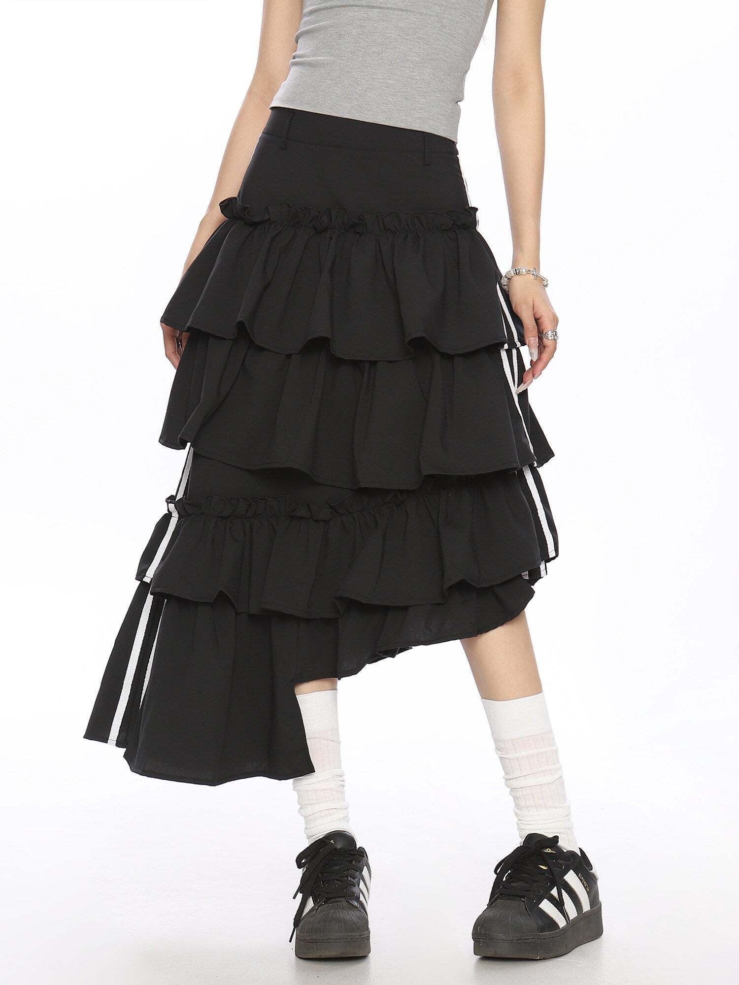 Asymmetry Side Line Tiered Long Skirt Asymmetry Side Line Tiered Long Skirt