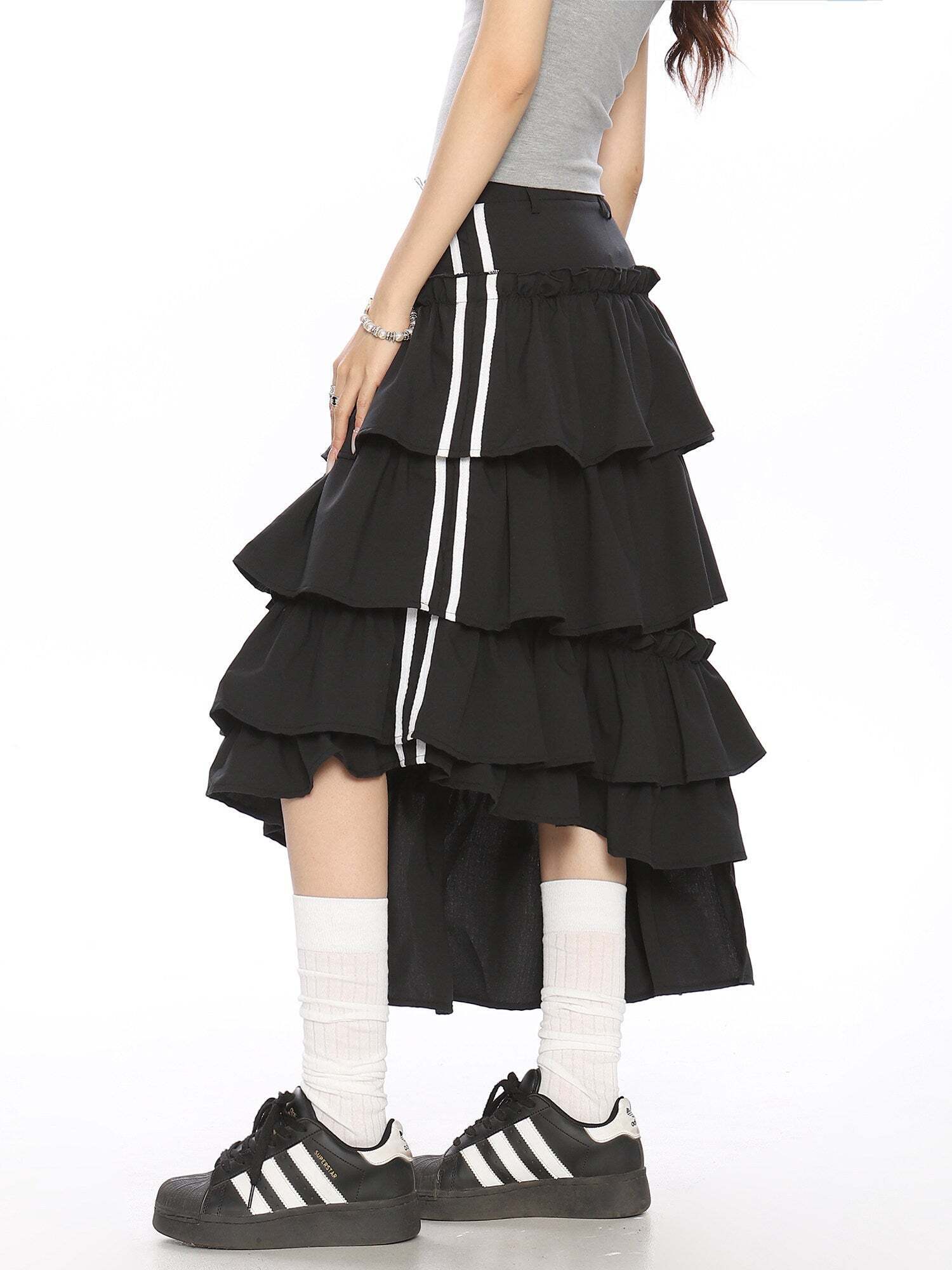 Asymmetry Side Line Tiered Long Skirt Asymmetry Side Line Tiered Long Skirt