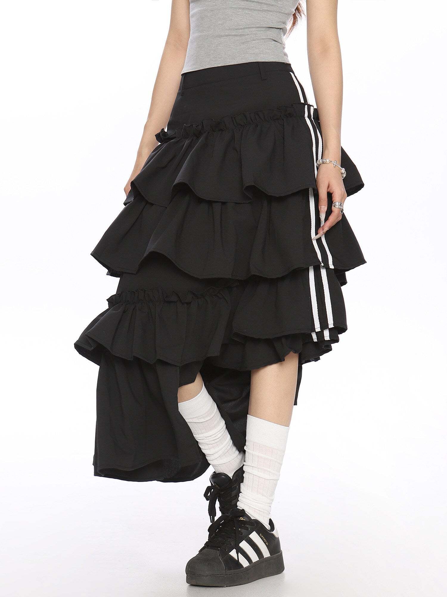 Asymmetry Side Line Tiered Long Skirt Asymmetry Side Line Tiered Long Skirt