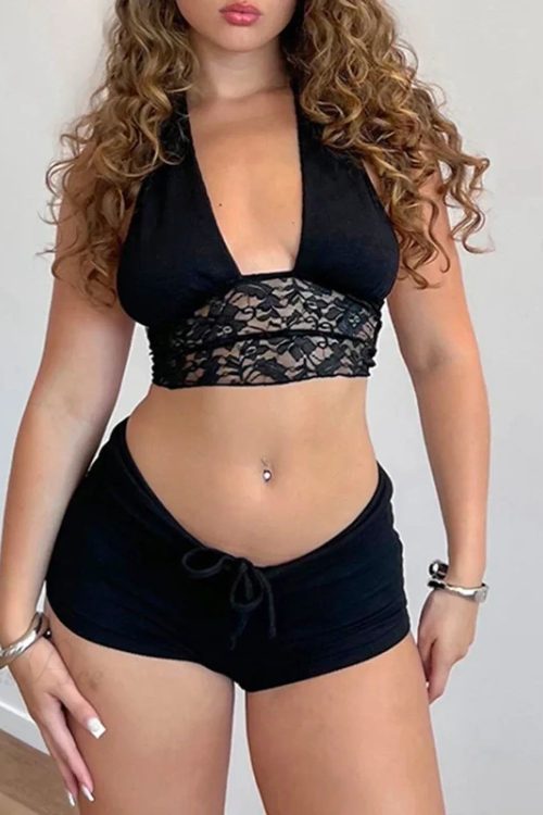 Backless Tie-Up Camis Lace Patchwork Halter Crop Top Mini Shorts Two Pieces Set