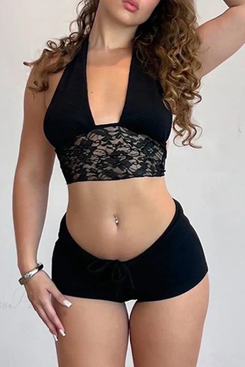 Backless Tie-Up Camis Lace Patchwork Halter Crop Top Mini Shorts Two Pieces Set