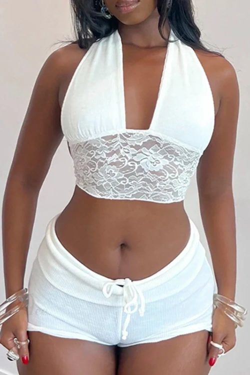 Backless Tie-Up Camis Lace Patchwork Halter Crop Top Mini Shorts Two Pieces Set