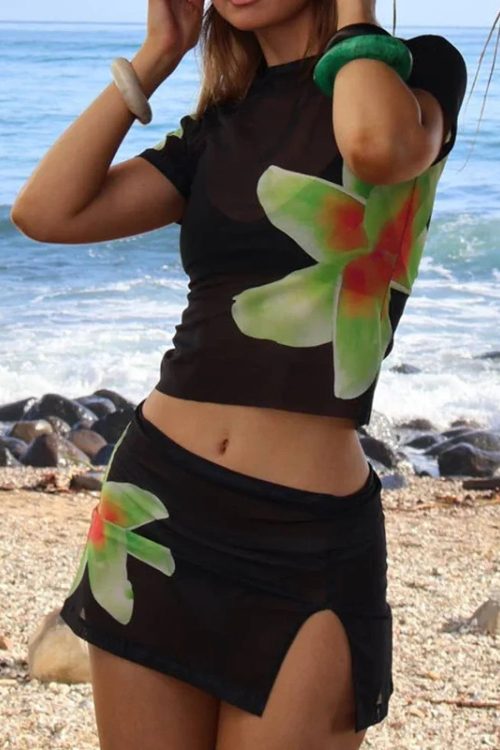 Beach Holiday 2 Piece Floral Print Sheer Mesh Short Sleeve T-Shirt + Mini A-Line Skirt Women Summer Cover-ups Crop Tops Outfits