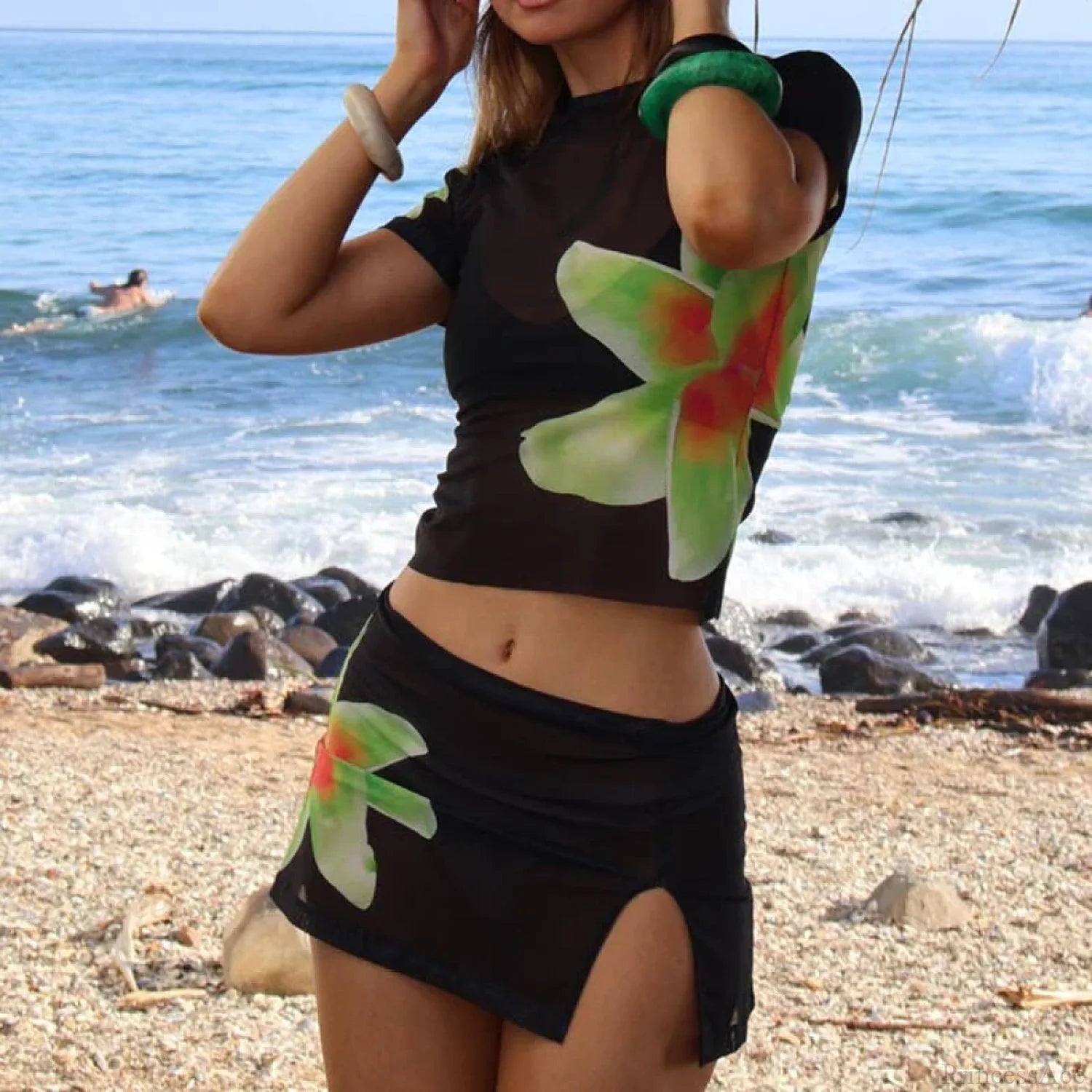 Beach Holiday 2 Piece Floral Print Sheer Mesh Short Sleeve T-Shirt + Mini A-Line Skirt Women Summer Cover-ups Crop Tops Outfits Beach Holiday 2 Piece Floral Print Sheer Mesh Short Sleeve T-Shirt + Mini A-Line Skirt Women Summer Cover-ups Crop Tops Outfits
