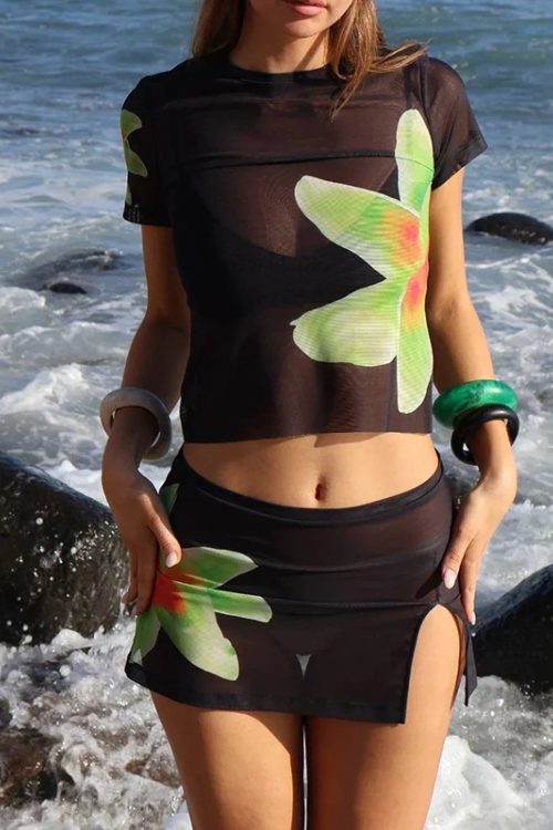 Beach Holiday 2 Piece Floral Print Sheer Mesh Short Sleeve T-Shirt + Mini A-Line Skirt Women Summer Cover-ups Crop Tops Outfits