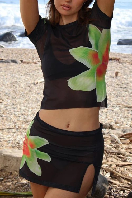 Beach Holiday 2 Piece Floral Print Sheer Mesh Short Sleeve T-Shirt + Mini A-Line Skirt Women Summer Cover-ups Crop Tops Outfits