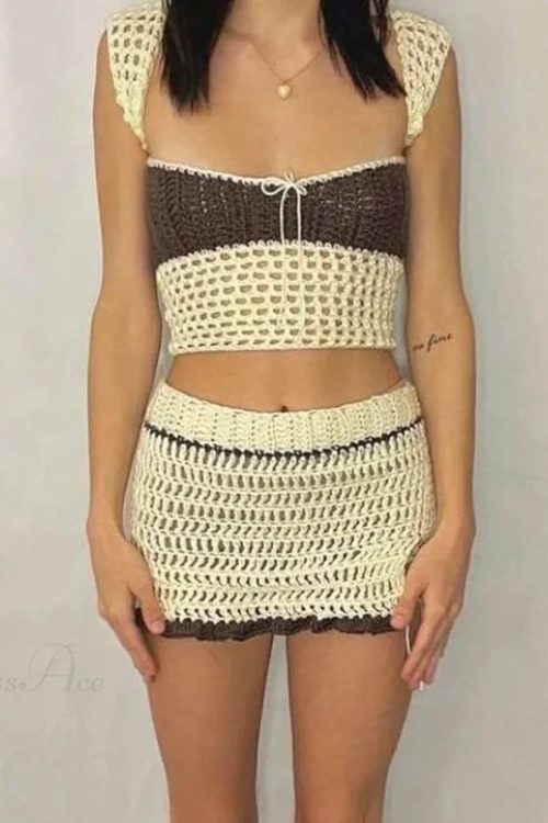 Beach Holiday 2 Piece Sets Crochet Hollow Out Crop Tops Backless Tie Up Knitted Tank Tops + Mini Pencil Skirt Y2K Vintage Outfit