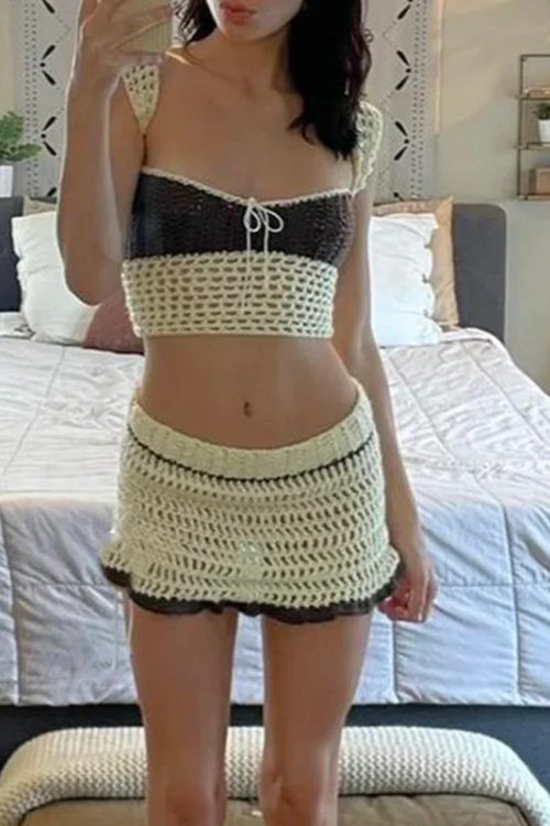 Beach Holiday 2 Piece Sets Crochet Hollow Out Crop Tops Backless Tie Up Knitted Tank Tops + Mini Pencil Skirt Y2K Vintage Outfit