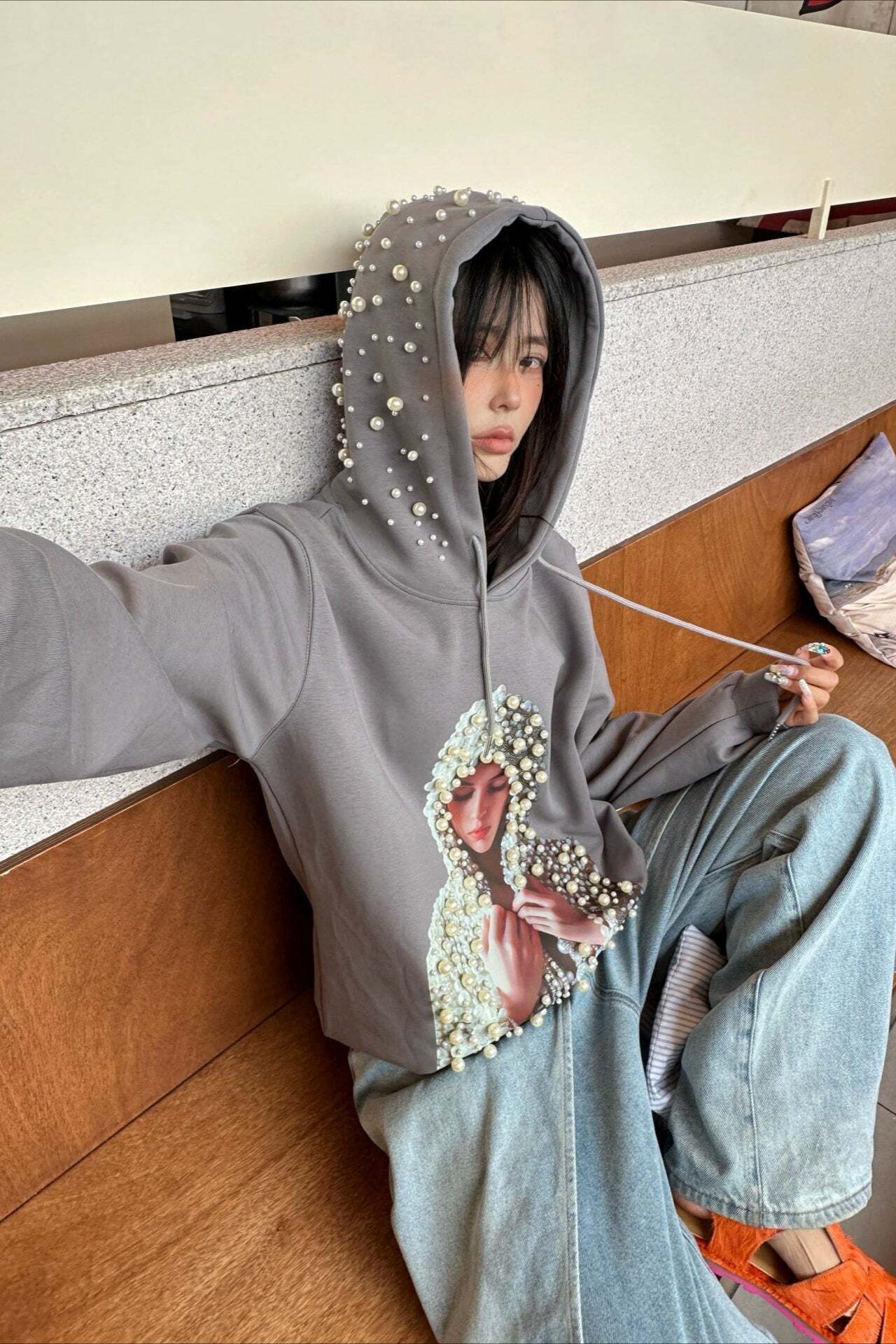 Beaded Graphic Print Edgy Streetwear Hooded Oversized Hoodie