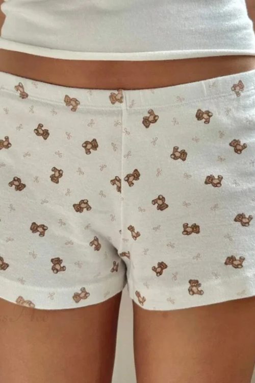 Bear Print Retro Slim Fit Camis Low Rise Shorts Two Pieces Set