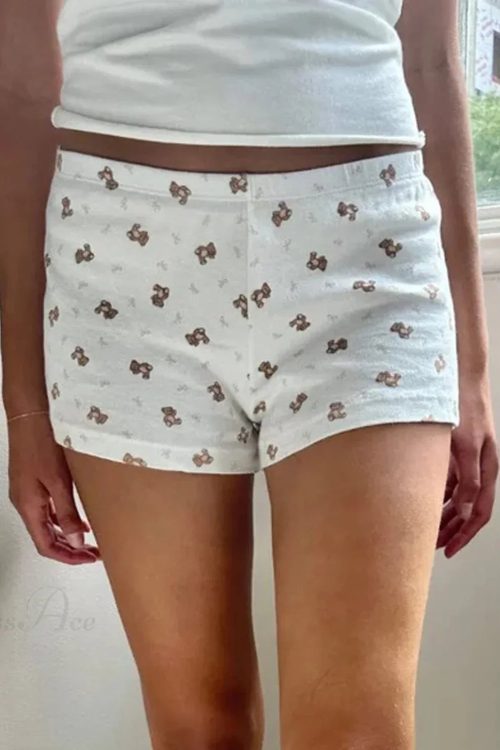 Bear Print Retro Slim Fit Camis Low Rise Shorts Two Pieces Set