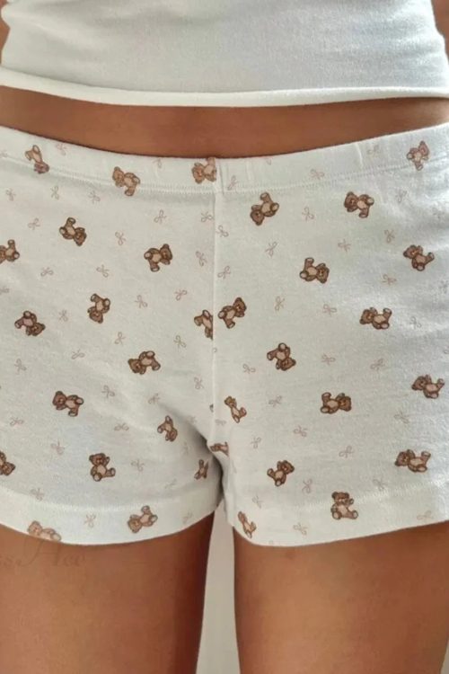 Bear Print Retro Slim Fit Camis Low Rise Shorts Two Pieces Set